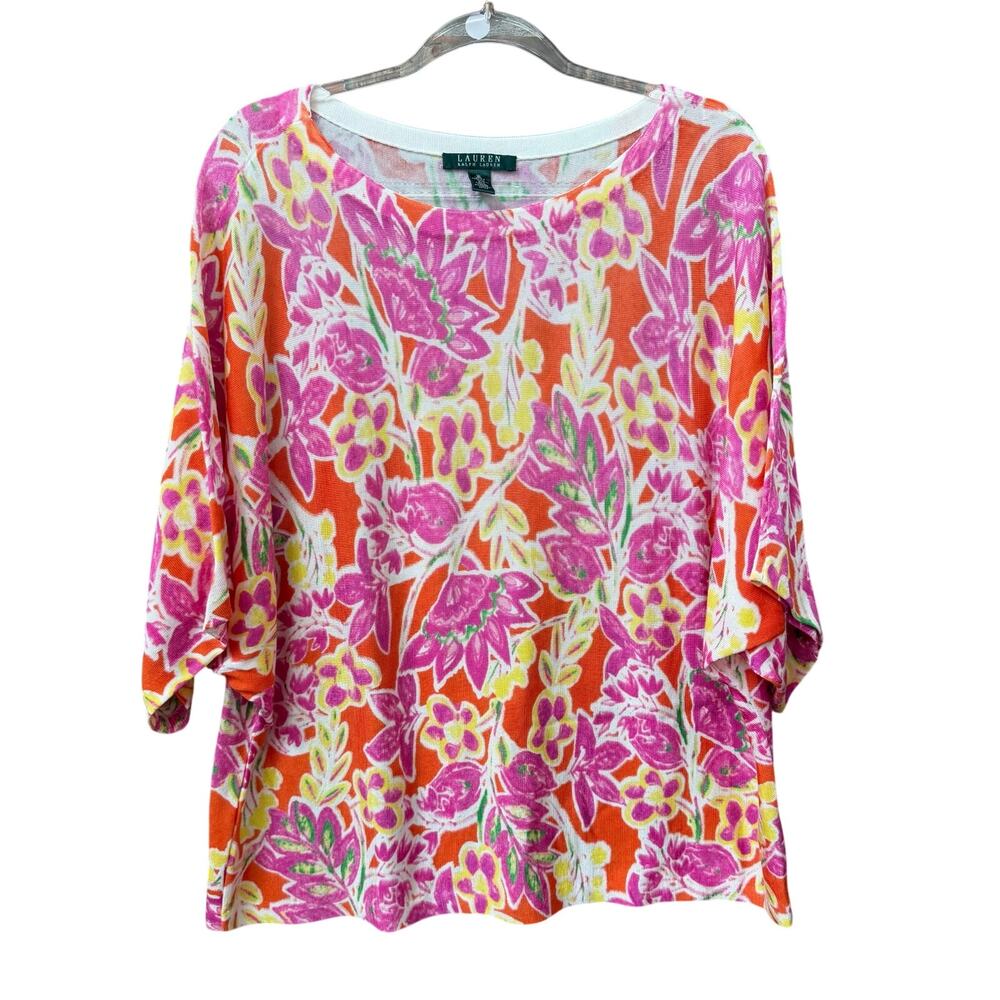 Ralph Lauren Pink Vibrant Floral Lightweight Kit Top Size XL Colorful Artsy 3/4
